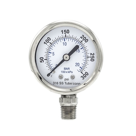 Pro 2 in Dial, 0/300 PSI & Bar, 1/4 in NPT, Lower Mount Dry/Fillable Pressure Gauge PRO-301D-204H-01